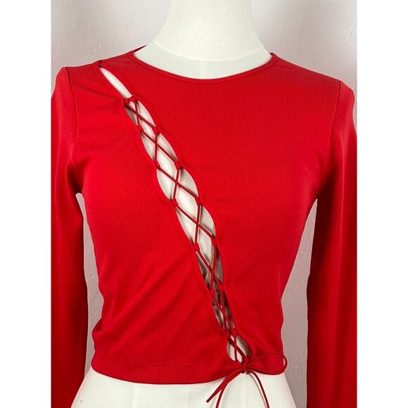 GARAGE Orange Red Ribbed Stretch Long-sleeve Top (Womens: Med) - Picture 1 of 8